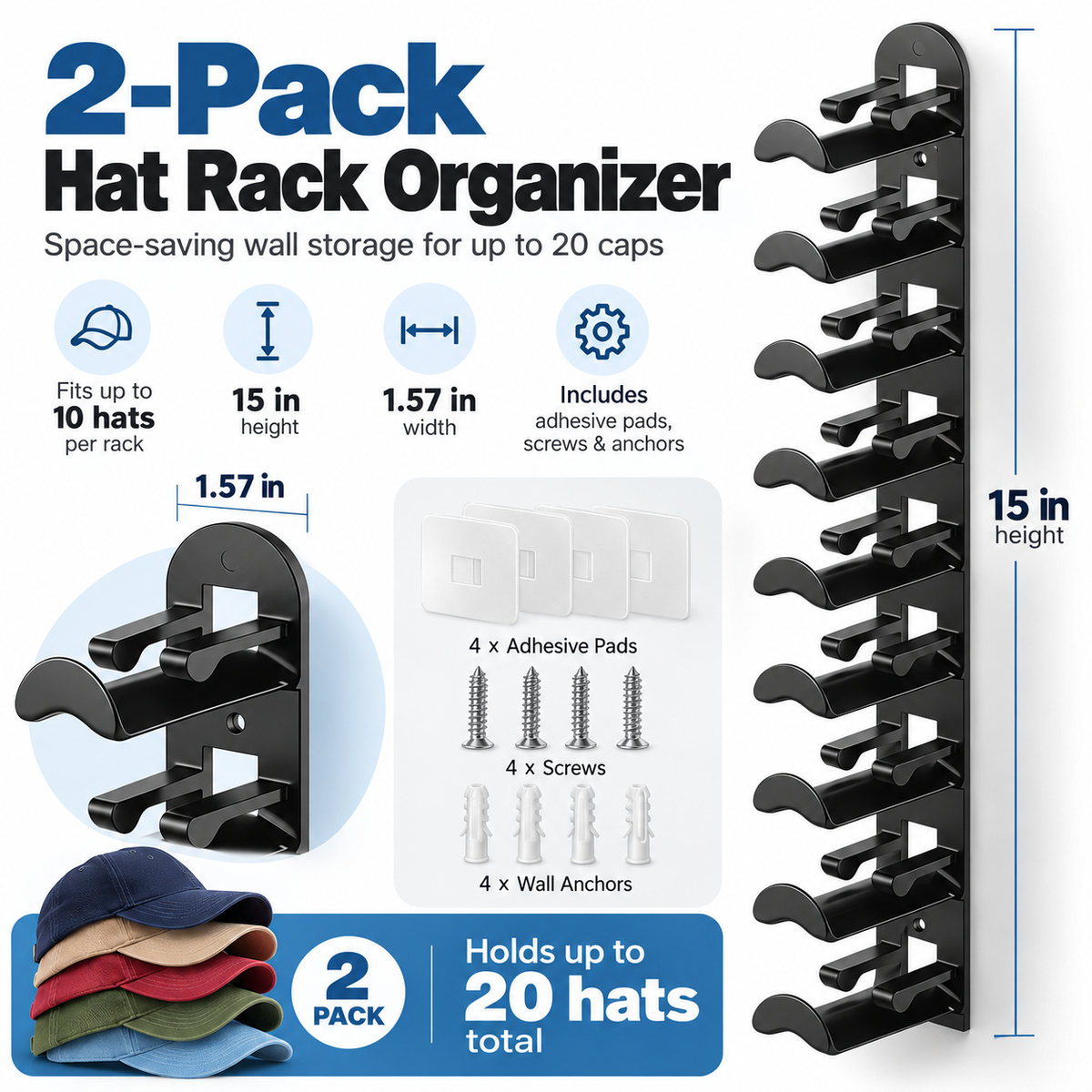 Wall-mounted hat rack – each rack can hold 10 hats🧢