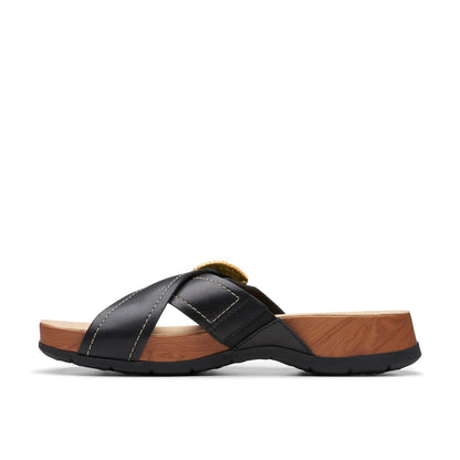 Clarks Reileigh Bay 26177422 Womens Black Leather Slides Sandals Shoes