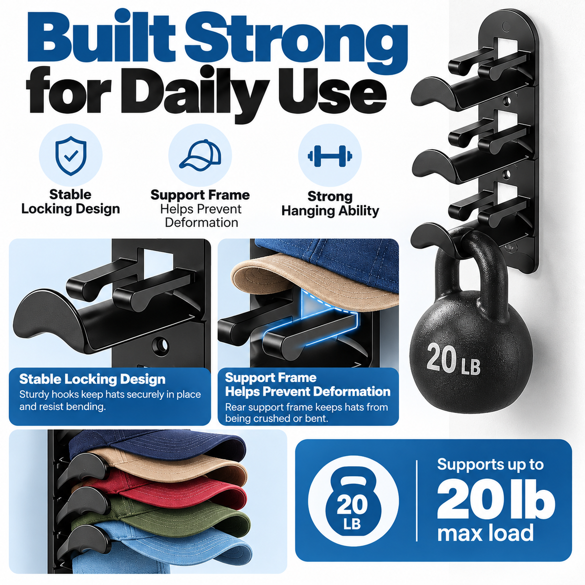 Wall-mounted hat rack – each rack can hold 10 hats🧢