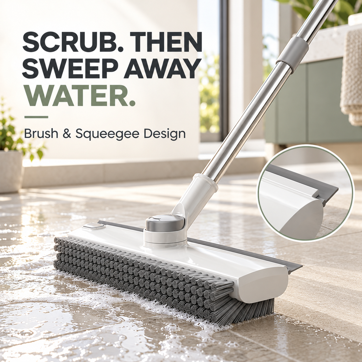 4-in-1 V-Shape Scrub Brush with Long Telescopic Handle – Squeegee & Hair Clip for Tile, Shower & Glass