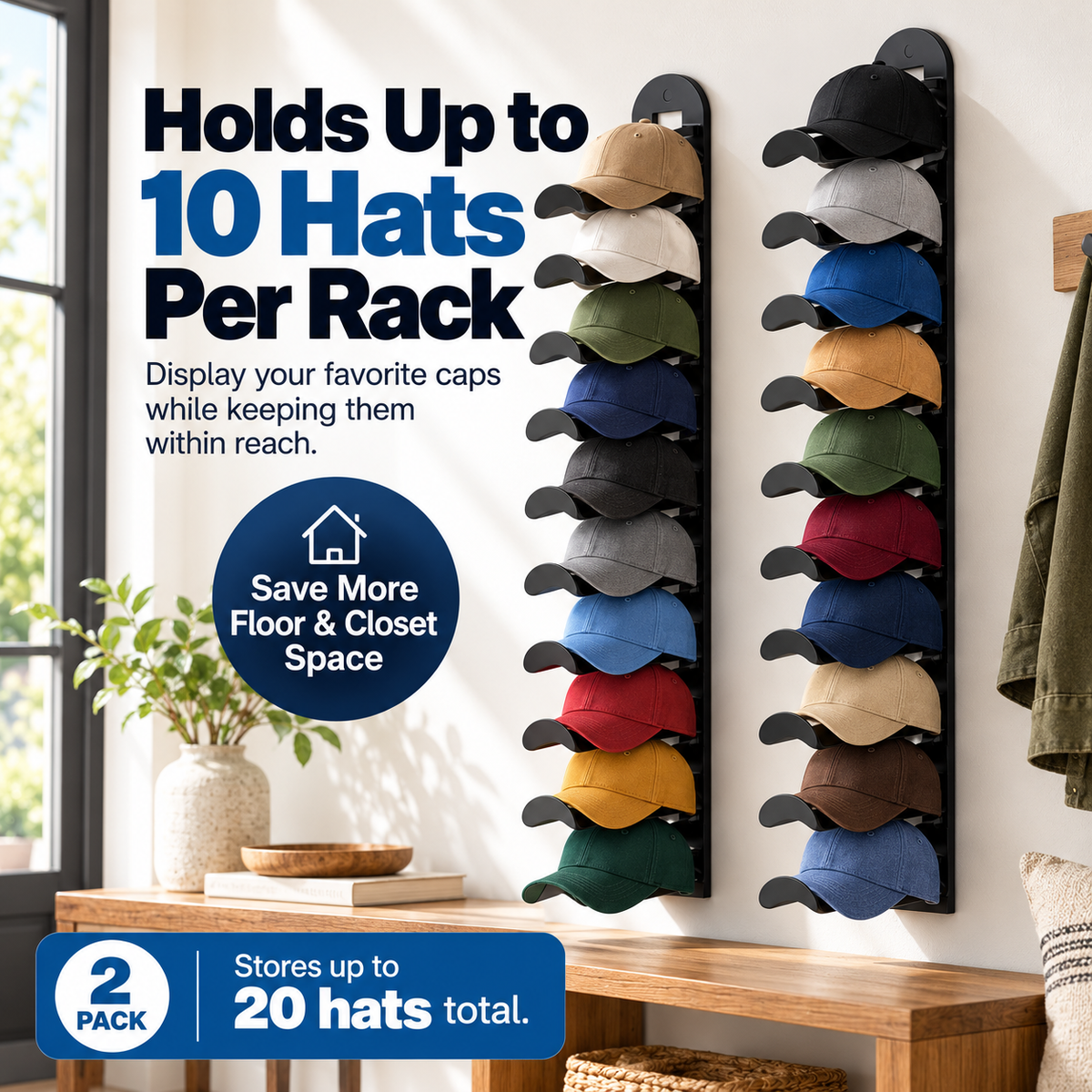 Wall-mounted hat rack – each rack can hold 10 hats🧢