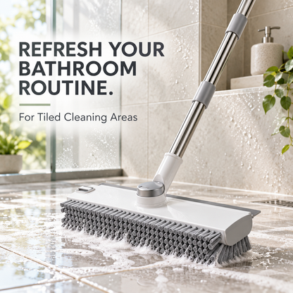 4-in-1 V-Shape Scrub Brush with Long Telescopic Handle – Squeegee & Hair Clip for Tile, Shower & Glass