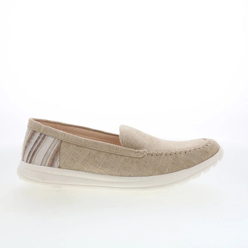 Minnetonka Discover 61031 Womens Beige Canvas Slip On Loafer Flats Shoes