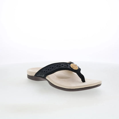Spenco Starboard SP1084BLK Womens Black Leather Flip-Flops Sandals Shoes